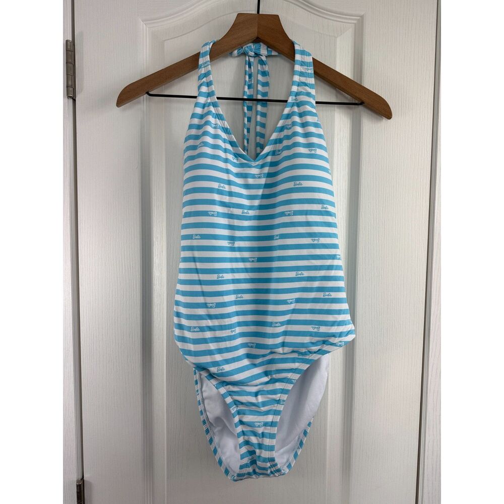 Barbie Women's Blue White Stripe Halter One Piece Swimsuit Size L Large